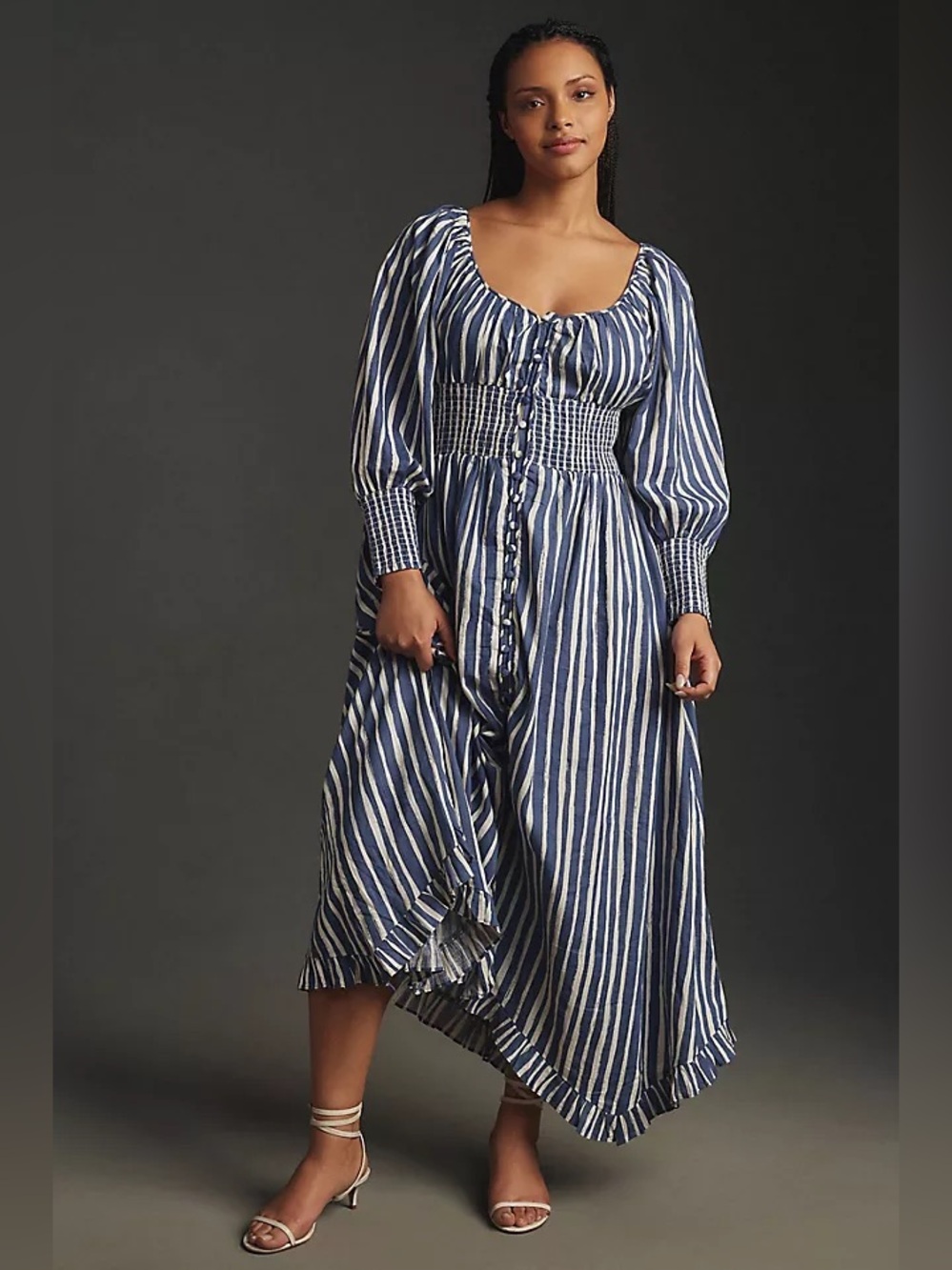 Anthropologie Long Sleeve Sweetheart Midi Dress Striped Blue White Sundress Sz M